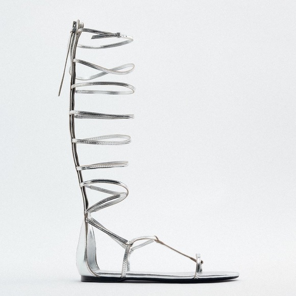 NEW Zara Tall Mid Calf Metallic Silver Gladiator Strappy Sandals 1615/010 - Picture 4 of 12